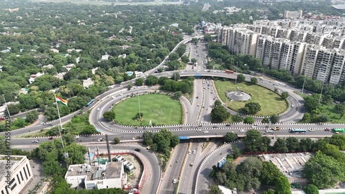 Aerial shot of the flyover with running traffic Near AIIMS New Delhi, India