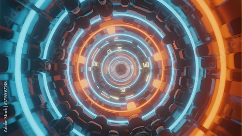 Futuristic circular tunnel with glowing neon lights and digital countdown numbers