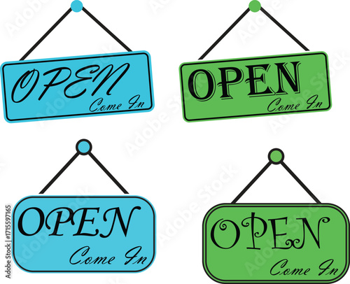 Open Sign Hanging icon set. vector door welcome sign for store cafes label outline symbol illustration. open sign icon welcome shop hanging on door symbol vector illustration.