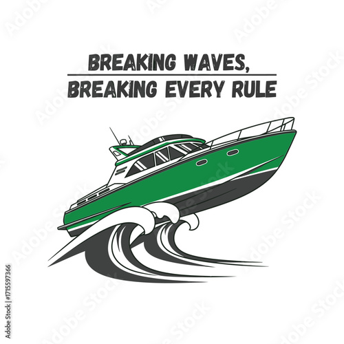 Illustration of a green boat sailing through stylized black waves design