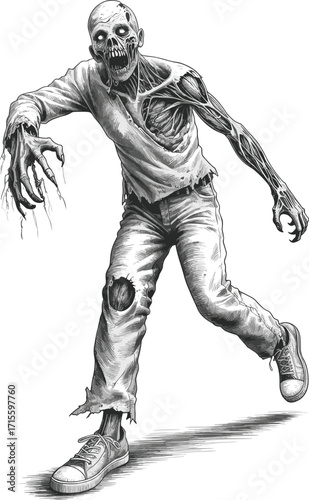 Black and white zombie, grotesque face, exposed bones, sharp teeth, horror character, creepy monster, tattered clothes, scary art, undead illustration