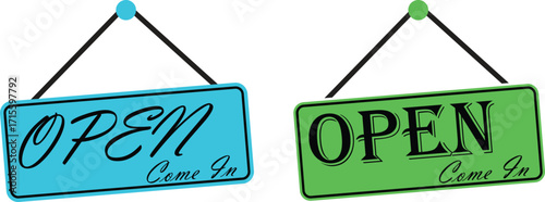 Open Sign Hanging icon set. vector door welcome sign for store cafes label outline symbol illustration. open sign icon welcome shop hanging on door symbol vector illustration.