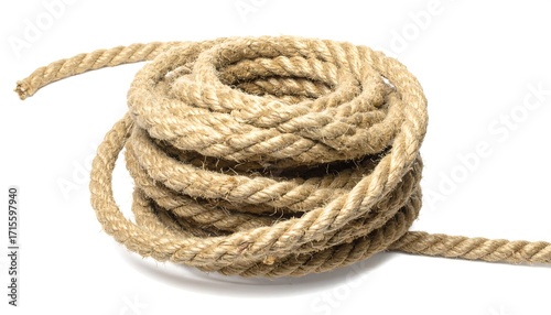 A coiled bundle of natural rope, exhibiting a rich, warm beige tone, rests against a plain white background.