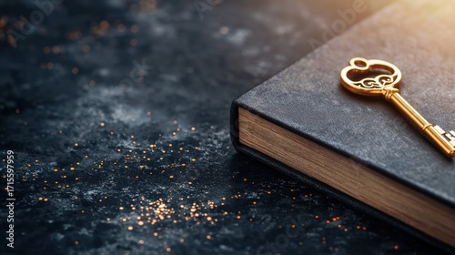 Gold key resting beside an old diary, hinting at hidden stories and undiscovered adventures.