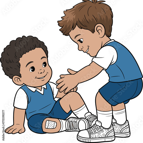 Cartoon children helping injured friend, school uniform scene, act of kindness, empathy moment, outdoor setting, friendship illustration, white background,