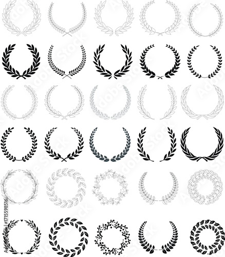 Laurel wreath icon set. Black circular laurel olive branches greek wreath. Vintage laurel wreaths. Winner award of olive leaves, stars of victory, achievement heraldry symbol. Vector illustration.