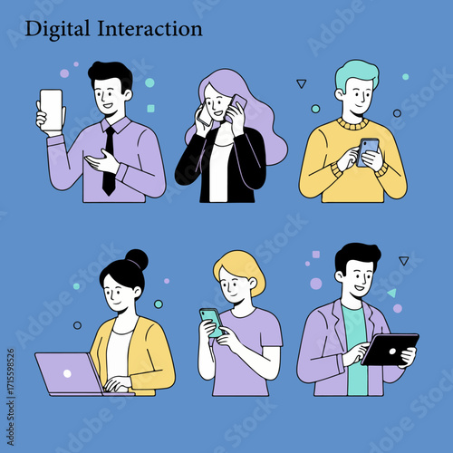 People with devices set. Female and male characters use smartphone, laptop, tablet and making phone call, surfing the internet, browsing in social media. Business doodle concept. Vector illustration.