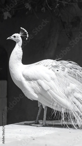 A striking black and white image of a magnificent white peacock, showcasing intricate feather details and elegant posture.