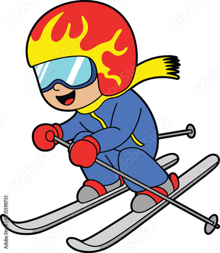 Cartoon skier in motion, winter sport illustration, red helmet, blue suit, yellow scarf, ski goggles, snow action, white background, dynamic pose
