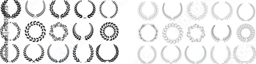 Laurel wreath icon set. Black circular laurel olive branches greek wreath. Vintage laurel wreaths. Winner award of olive leaves, stars of victory, achievement heraldry symbol. Vector illustration.