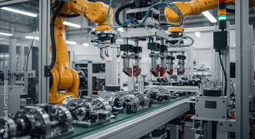 Automated robotic arms working on a production line in a factory