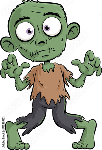 Cartoon zombie character, green skin, purple eyes, distressed face, tattered clothes, hunched pose, Halloween monster, creepy art, animated illustration