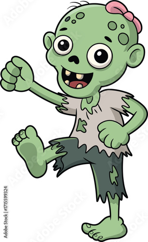 Cartoon zombie girl, green skin, big eyes, pink bow, tattered clothes, dancing pose, playful monster, Halloween character, creepy illustration