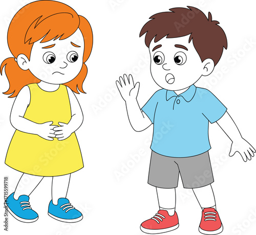 Sad little girl holding stomach, concerned boy talking, emotional kids cartoon, childhood emotions, children interaction, vector illustration, isolated.