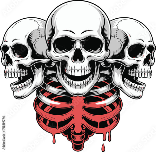 Three skulls with ribcage, dripping red bones, gothic horror art, symmetrical design, tattoo style, surreal anatomy, black and white illustration