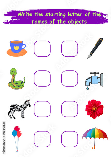 english worksheet for 6 + years kids knowledge improving english learning practice write starting letter of the objects.eps