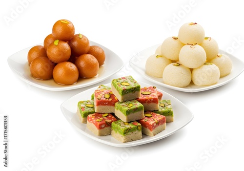Three plates filled with delicious middle eastern sweets and fruits on a white backdrop