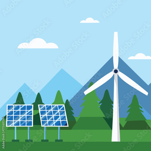 Renewable energy sources with wind turbine solar panels and mountain landscape