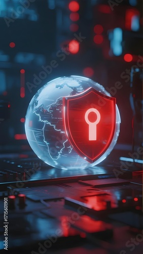 Digital globe with security shield symbolizing global cybersecurity protection in a high-tech environment