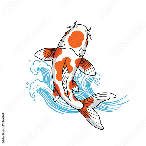 Koi Fish Jumping Over Waves Japanese Tattoo Style Illustration