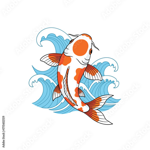 Koi Fish Jumping Over Waves Japanese Tattoo Style Illustration