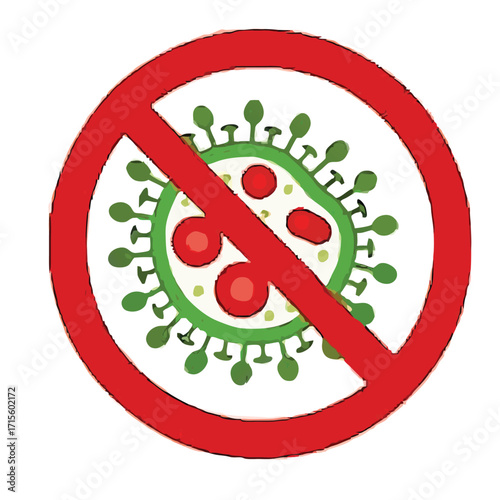 No virus allowed A prohibition symbol featuring a stylized coronavirus illustration