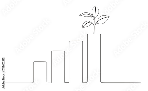 continuous line art of an upward-pointing graph and a plant above it. concept of an extraordinary achievement. graph that grows and develops