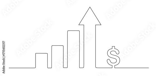 continuous line art of an upward pointing graph and a dollar icon beside it. the concept of an extraordinary achievement.