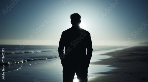 Solitary Reflection at Seaside: A man stands in silhouette against the sun, gazing out at the vast, reflective sea.
