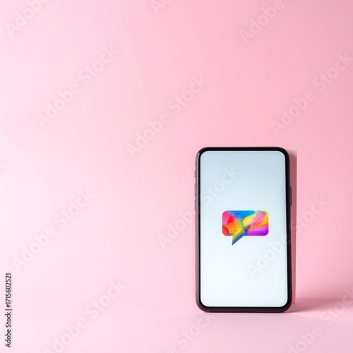 Modern smartphone displaying colorful messaging app icon on a vibrant pink background during a creative digital setup