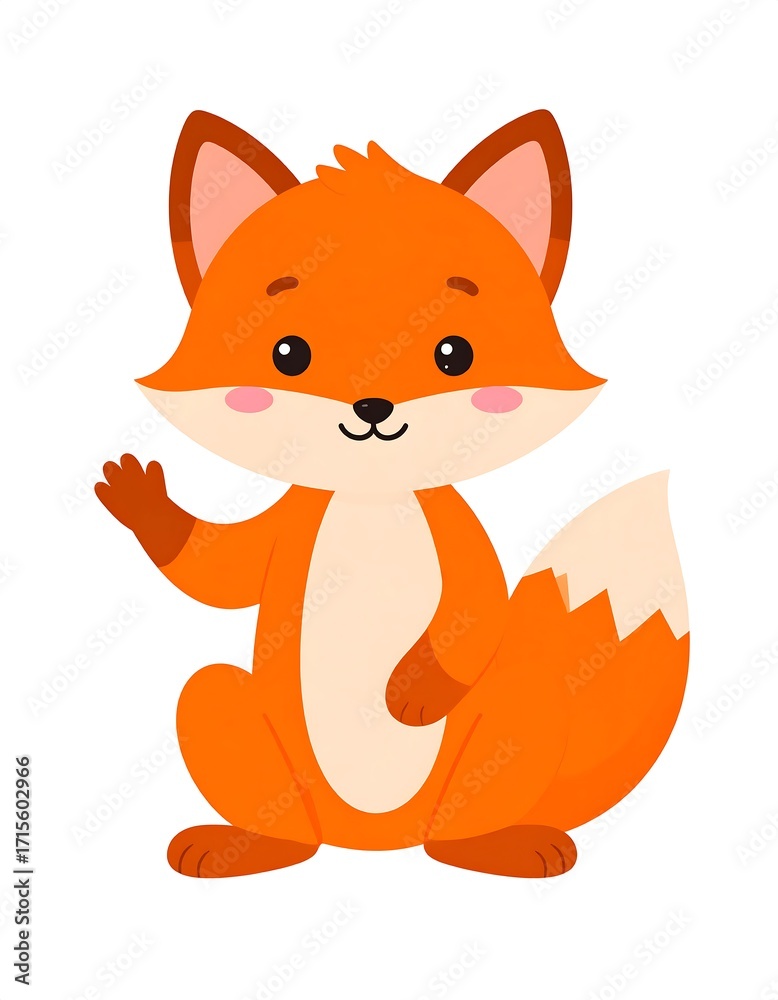 Obraz premium A cheerful, cartoon fox character, orange in color, sits and waves with its right paw.