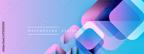 Abstract background features overlapping squares, gradients. Purple, blue hues create modern visual effect. Text reads background design.