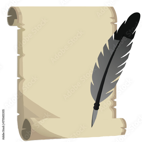 A rolled parchment with a black feather suggesting writing or storytelling