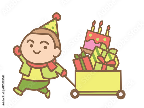 A boy pulling a cart full of gifts