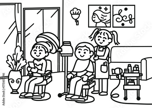 Women at the Hair salon coloring pages style.