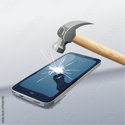 A Hammer Impacting and Shattering the Screen of a Modern Smartphone, Symbolizing Device Damage, Fragility, and Potential Technology Malfunction