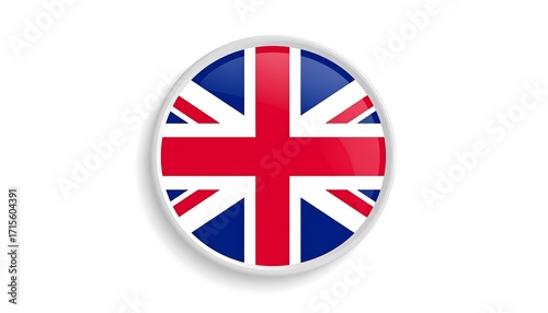A glossy, circular representation of the United Kingdom flag against a plain white background.