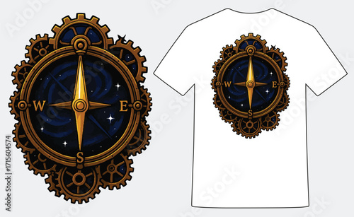 Steampunk Cosmic Compass Vector, Space Gear Compass Illustration, Futuristic Steampunk Navigation Design, Celestial Compass T-Shirt Art, Galaxy Gears Compass Vector