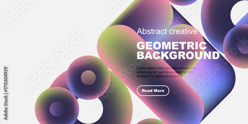 Vibrant abstract shapes overlap, creating dynamic colorful background. Text promotes further exploration. Modern design elements present.