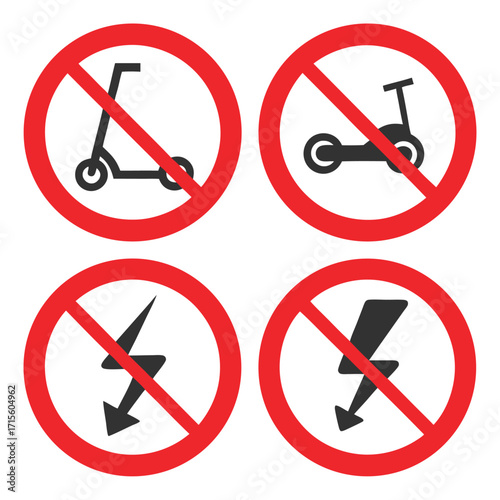 Prohibited signs depicting scooters lightning and electrical hazards are visible