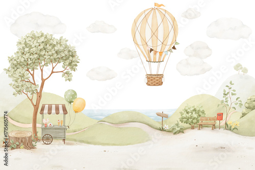 Watercolor cute horizontal landscape with beautiful tree, lawn, big stump, balloon, sweets cart, bench and red mailbox. Hand-drawn illustration for your childish design, wallpapers or mural in bedroom