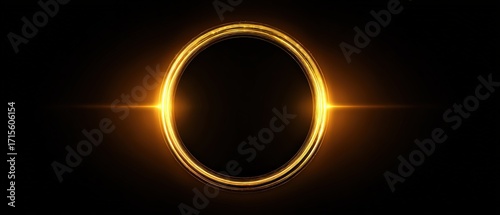 A glowing golden circle is centered against a deep black backdrop with a horizontal golden light streak running through the middle point.