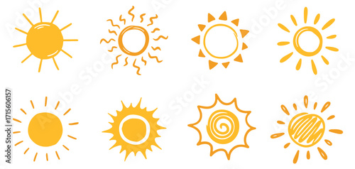 Doodle sun sketch illustration. Hand drawn cute yellow, orange sun set. Scribble doodle children drawn style. Vector illustration

