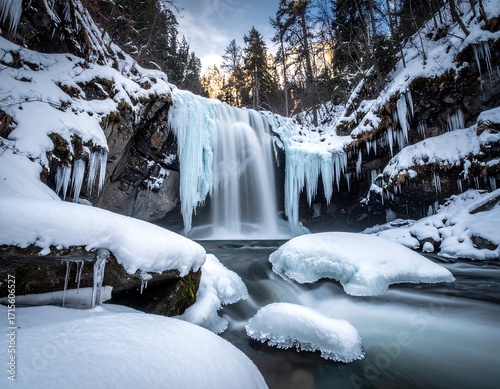 A breathtaking winter waterfall cascading over icy rocks, adorned with icicles and snow-covered banks.