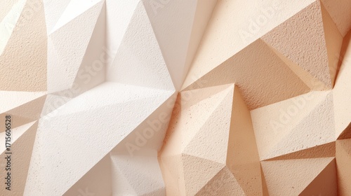 Abstract geometric pattern featu beige and white polygonal shapes creating a textured wall design with shadows and light interplay.