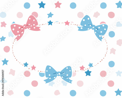 ピンクとブルーの水玉模様のリボンと星、ドット柄のフレーム飾り