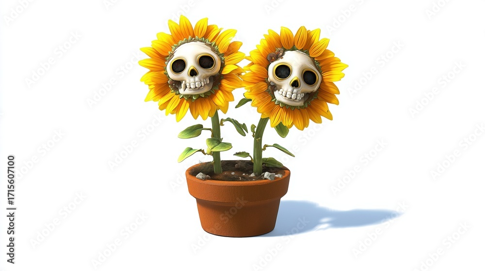 Obraz premium Halloween Cartoon Face Sunflower Pot Illustration, Whimsical Plant Container with Expressive Design for Holiday Decor and Gardening Themes 