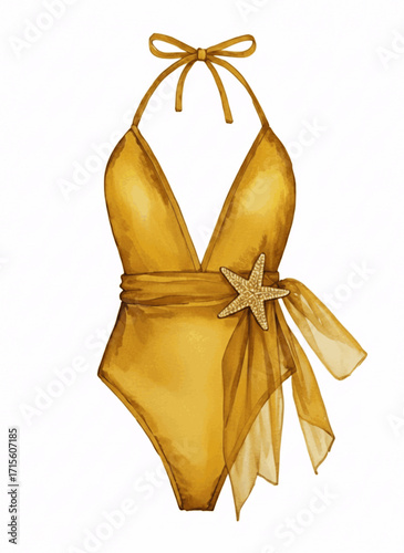 Gilded Plunge Gold V-neck halter one-piece swimsuit isolated watercolor vector illustration svg
