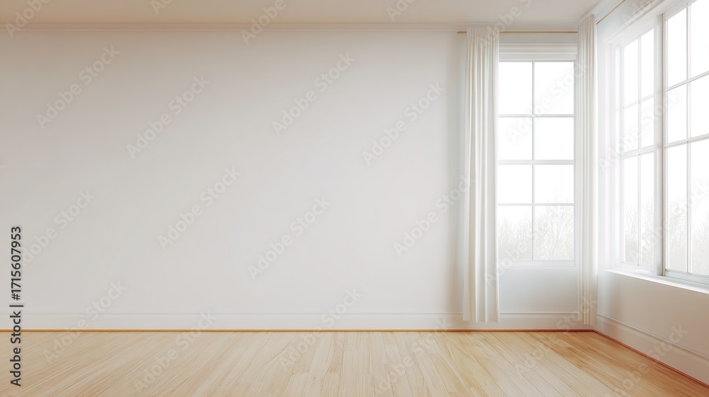 Fototapeta premium residential. Minimalist living room featuring white walls and wooden floors, bathed in natural ambient light for a clean aesthetic. real-estate listings.
