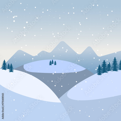 Winter landscape with mountains, snowdrifts and fir trees. Christmas blue vector illustration.